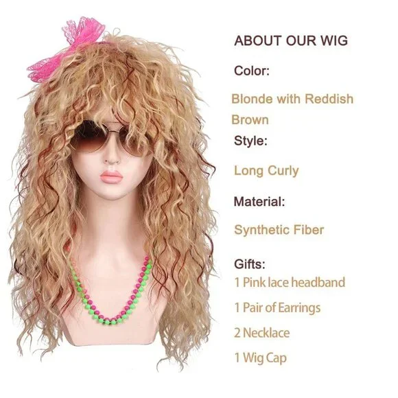 Women Long Curly Blonde Reddish Brown 80s Cosplay Wig with Lace Headband Earring
